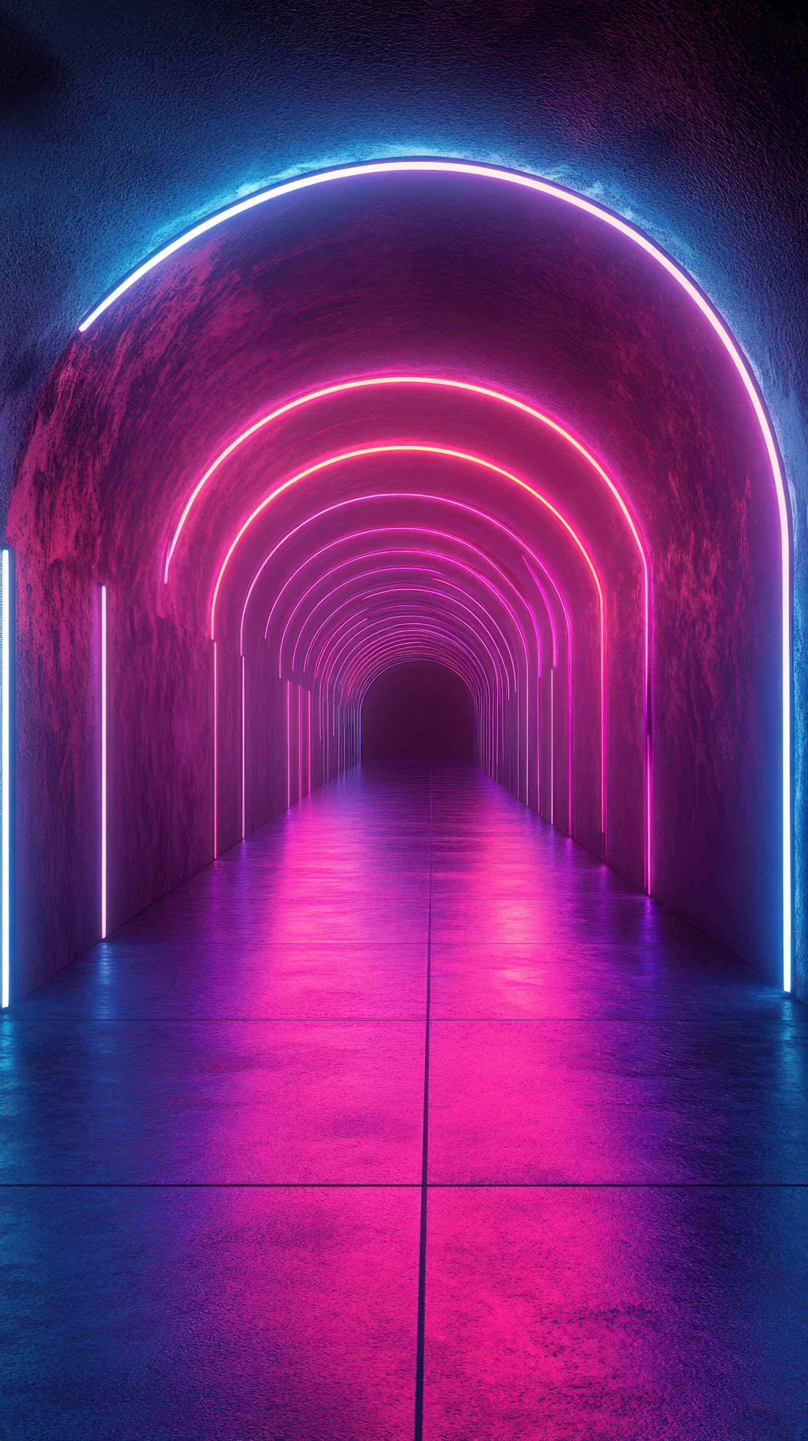 Neon lit tunnel creates a mesmerizing visual effect in an urban environment at night